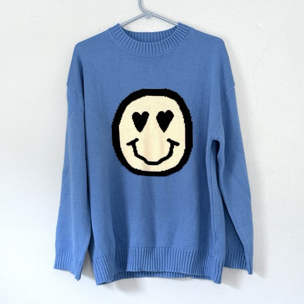 Simplee Sweater Size Medium Blue Smiley Face Hearts Crew Neck Mod 90s Y2K Style